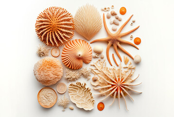 Collection of orange sea shells and corals on white. Generative AI