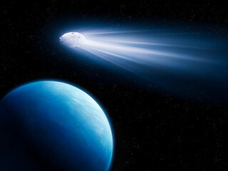 Dangerous comet is approaching the planet. The orbit of a celestial object intersects the orbit of the Earth. Space disaster.
