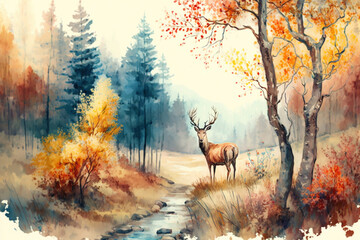  watercolor painting European forest in autumn with trees and wildflowers with deer , generative AI