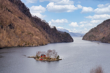 The most photographed Norwegian cabin, hytte, Lovrafjorden, a side fjord to Sandsfjorden in Suldal municipality in Rogaland.