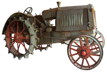 Vintage wheeled tractor for agriculture on a transparent background.