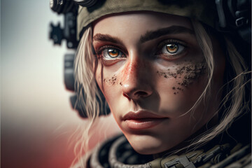 Portrait of young female soldier. Woman in military uniform on the war. Generative AI