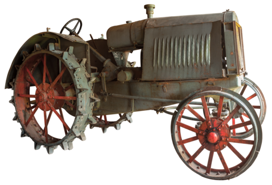 Vintage wheeled tractor for agriculture on a transparent background.