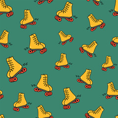 Seamless pattern with bright yellow roller skates doodle style, vector illustration on green background. 90's vibes, design for wrapping or packaging, leisure