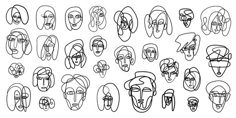 drawing of faces , Continuous line - vector design element set 