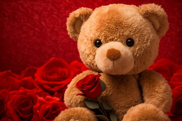 Obraz premium Cute teddy bear with roses with Generative AI technology