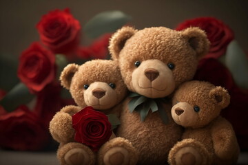 Family of teddy bears with red roses with Generative AI technology