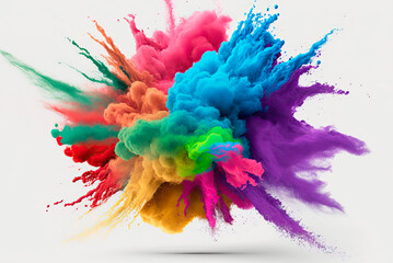 Obraz na płótnie Canvas Multicolored explosion of rainbow holi powder paint isolated on white background. Generative AI