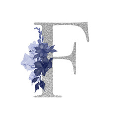 Silvet alphabet symbol with watercolor floral navy blue bouquet of flowers, letter f