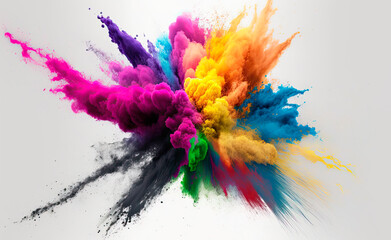 Multicolored explosion of rainbow holi powder paint isolated on white background. Generative AI