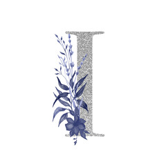 Silvet alphabet symbol with watercolor floral navy blue bouquet of flowers, letter h
