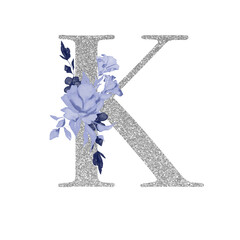 Obraz premium Silvet alphabet symbol with watercolor floral navy blue bouquet of flowers, letter k