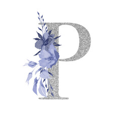 Silvet alphabet symbol with watercolor floral navy blue bouquet of flowers, letter p