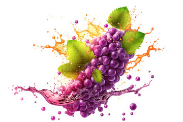 Sweet Purple Grapes in juice splash isolated on white. Generative AI