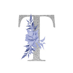 Silvet alphabet symbol with watercolor floral navy blue bouquet of flowers, letter t