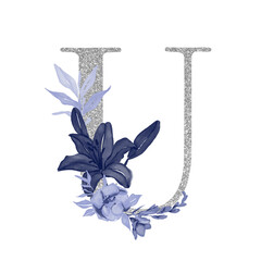 Silvet alphabet symbol with watercolor floral navy blue bouquet of flowers, letter u