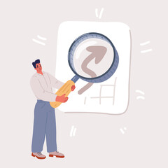 Vector illustration of Business insights and opinions, man holding magnifying lens to scale arrow graph on report