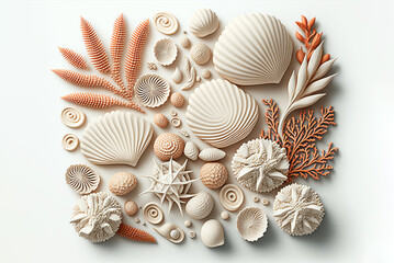 Collection of white sea shells and corals on white. Generative AI