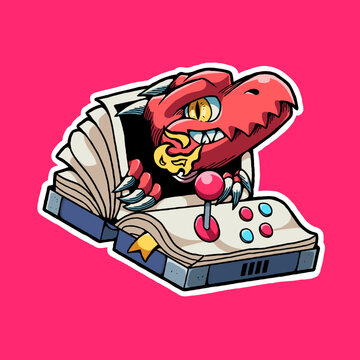 vector illustration with the image of a book resembling an arcade game machine with a dragon coming out of it