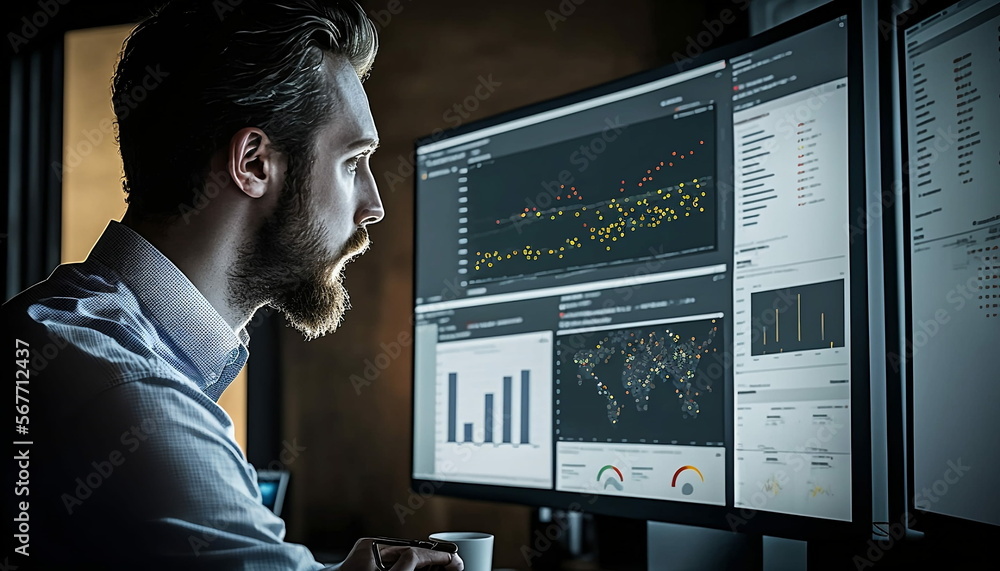 Wall mural working on business analytics dashboard with kpi, charts and metrics to analyze data and create insi