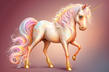 Plakat cute rainbow baby pegasus unicorn ,with a flower crown and Rainbow colors Hair, kids' pastel color fantasy magic ,Generative ai 