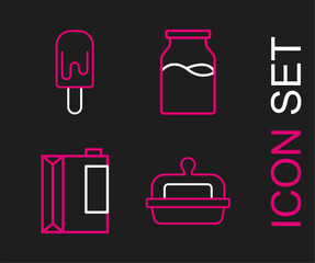 Set line Butter in a butter dish, Paper package for kefir, Bottle with milk and Ice cream icon. Vector