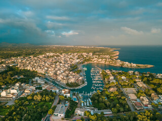 Porto Cristo, Mallorca from Drone, Aerial View, Port, Church, Town, Sunset, Golden Hour