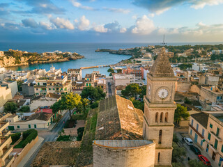 Porto Cristo, Mallorca from Drone, Aerial View, Port, Church, Town, Sunset, Golden Hour