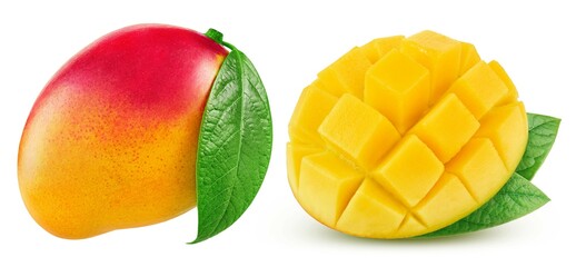 Mango and cubes with leaves isolated on white background