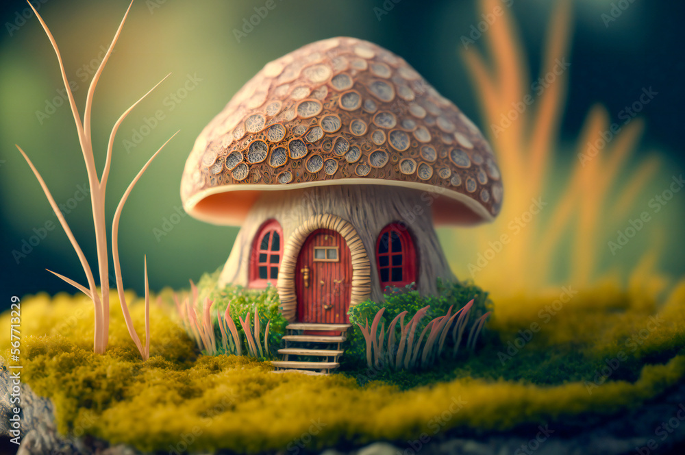 Poster cute tiny mushroom toy house in the grass. macro with shallow dept of field. fictional. created with