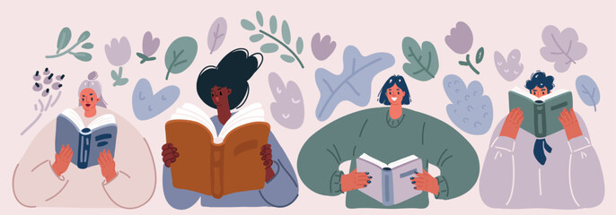 Vector illustration of Diverse People Reading Books Study Concept