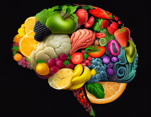 Human Brain Made of Fruits and Vegetables Concept of Nutritious Foods for Brain Health and Memory