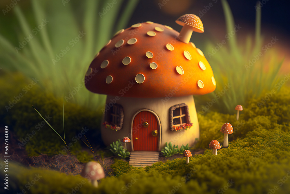 Poster cute tiny mushroom toy house in the grass. macro with shallow dept of field. fictional. created with