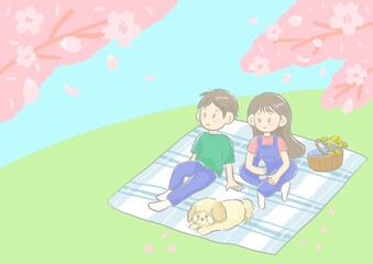 Cherry blossom viewing Family having a picnic Sitting on a blanket with a dog Cute and simple hand drawn illustration / お花見 ピクニックをする家族 犬とブランケットに座っている かわいくてシンプルな手描きイラスト