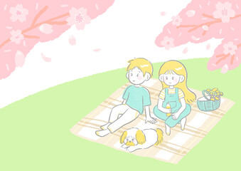 Obraz na płótnie Canvas Cherry blossom viewing Family having a picnic Sitting on a blanket with a dog Cute and simple hand drawn illustration / お花見 ピクニックをする家族 犬とブランケットに座っている かわいくてシンプルな手描きイラスト