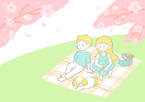 Cherry blossom viewing Family having a picnic Sitting on a blanket with a dog Cute and simple hand drawn illustration / お花見 ピクニックをする家族 犬とブランケットに座っている かわいくてシンプルな手描きイラスト © minana