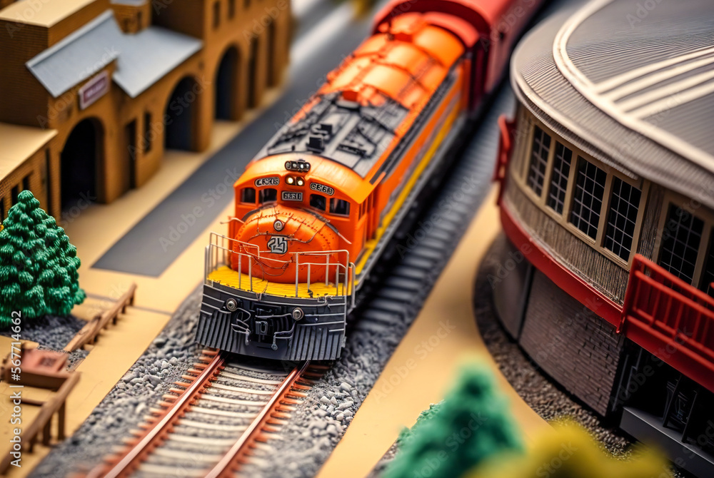 Poster toy locomotives diorama. macro with shallow depth of field. fictional. created with generative ai te