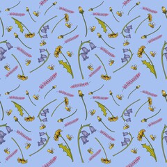 Floral seamless pattern wild flowers for fabric, print on paper. Hand drawing, vector