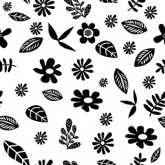 Hand drawn Black and white minimal abstract botanical shapes seamless pattern. Collage contemporary print. Fashion template for design, fabric, wrapping, web.