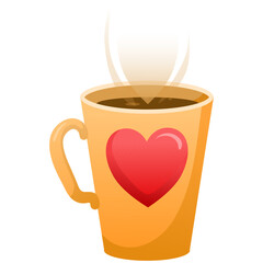 yellow cup of coffee, tea with steam in the form of a heart and a red heart 
