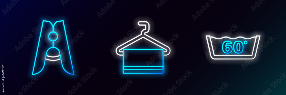 Sticker set line temperature wash, clothes pin and towel on hanger icon. glowing neon. vector