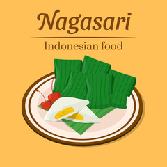 Hand drawn of delicious nagasari traditional indonesian steamed cake or dessert made from rice flour, coconut milk, sugar, and filled with a slice of banana vector design