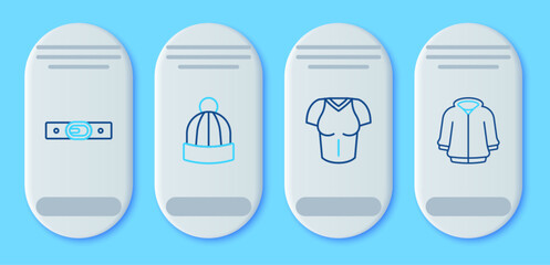 Set line Winter hat, T-shirt, Belt and Hoodie icon. Vector