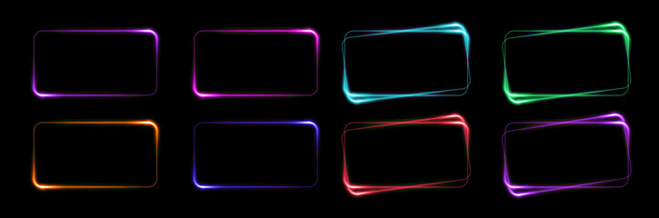 Square Purple and red neon light on a transparent background. Neon frame for your design. Neon rectangular frame with shining effects. Modern neon frames, great design for any purposes