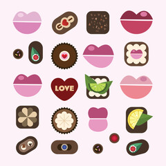 lips and chocolates valentine's day vector illustration set
