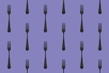 pattern. Fork top view on pastel blue violet background. Template for applying to surface. Horizontal image. Flat lay. 3D image. 3D rendering.