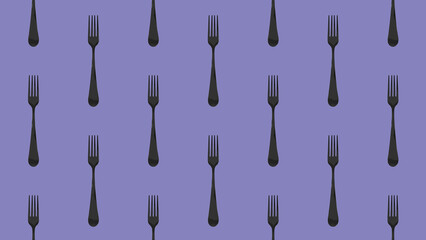 pattern. Fork top view on pastel blue violet background. Template for applying to surface. Horizontal image. Flat lay. 3D image. 3D rendering.