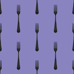 Seamless pattern. Fork top view on pastel blue violet background. Template for applying to surface. Horizontal image. Flat lay. 3D image. 3D rendering.
