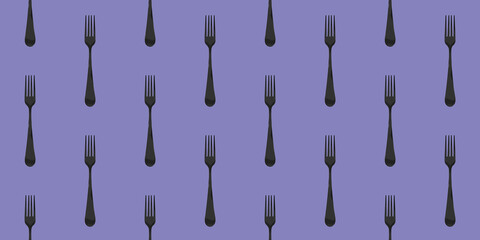 pattern. Fork top view on pastel blue violet background. Template for applying to surface. Horizontal image. Banner for insertion into site. Flat lay. 3D image. 3D rendering.