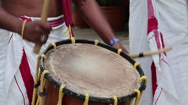 Bangalore, India 22nd January 2023: Traditional South Indian Music. KERELA TRADITIONAL DRUMMER. CHENDA MELAM. Taadam. Indian drummers playing Chenda drums during the celebration.